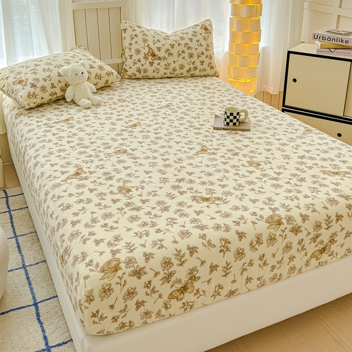 91家纺网 家纺一手货源 找家纺 金丝鸟家纺 2024新款200g牛奶绒单床笠系列 飞花咖