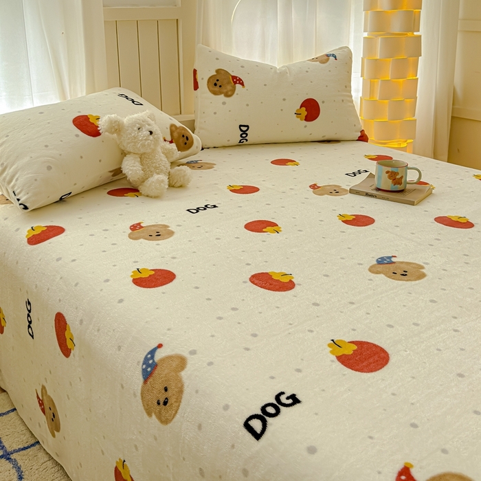 91家纺网 家纺一手货源 找家纺 金丝鸟家纺 2024新款200g牛奶绒单床单系列 西红柿小狗