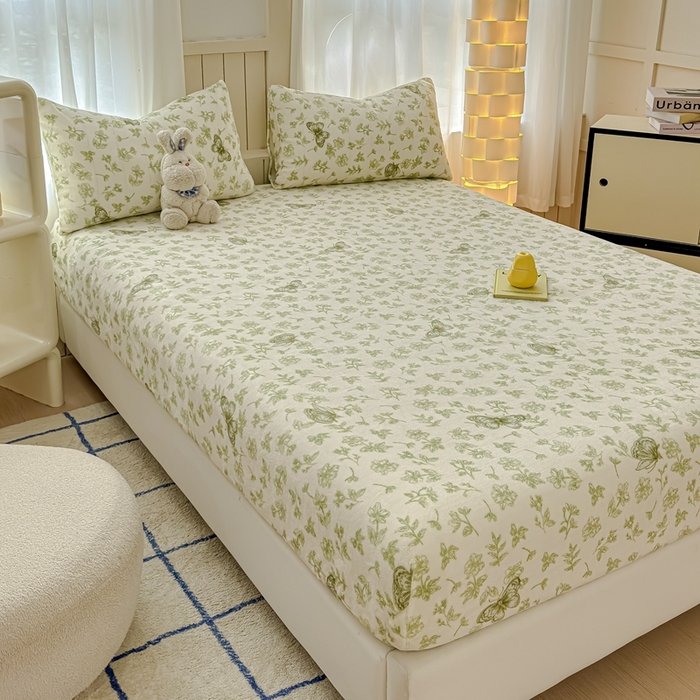 91家纺网 家纺一手货源 找家纺 金丝鸟家纺 2024新款200g牛奶绒单床笠系列 飞花绿