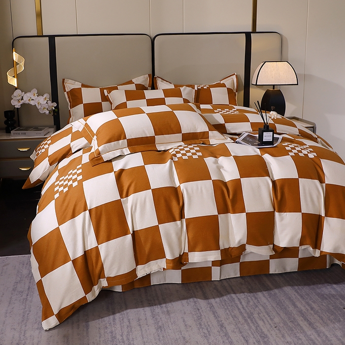 91家纺网 家纺一手货源 找家纺 贝兰仙奴 2024新款利兹系列磨毛多规格四件套棋盘格桔