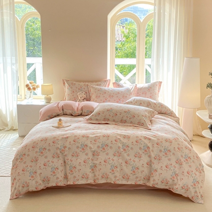 91家纺网 家纺一手货源 找家纺 洁柔直播新款全棉磨毛喷气印花四件套加厚纯棉三件套（一字绣工艺款）花季