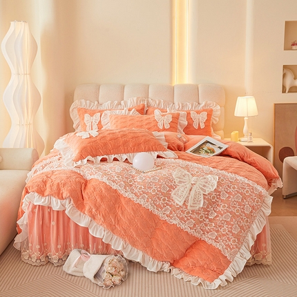 91家纺网 家纺一手货源 找家纺 （总）情恒家纺 2025新款A类婴儿绒全夹棉奶油风（蝴蝶结)床裙款四件套