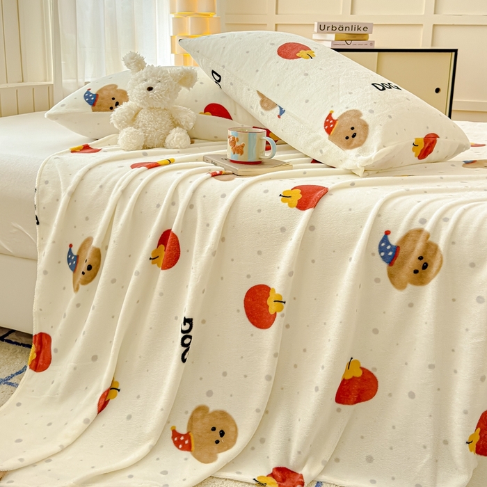 91家纺网 家纺一手货源 找家纺 金丝鸟家纺 2024新款200g牛奶绒单床单系列 西红柿小狗