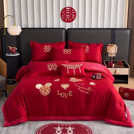 91家纺网 家纺一手货源 找家纺 玉雅家纺 2025新款婚庆两用豆豆被毛毯喜被婚庆被芯 婚庆被毯-喜来到