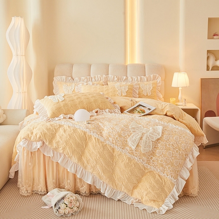 91家纺网 家纺一手货源 找家纺 （总）情恒家纺 2025新款A类婴儿绒全夹棉奶油风（蝴蝶结)床裙款四件套