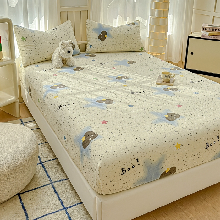 91家纺网 家纺一手货源 找家纺 金丝鸟家纺 2024新款200g牛奶绒单床笠系列 蓝色小象