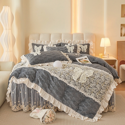 91家纺网 家纺一手货源 找家纺 （总）情恒家纺 2025新款A类婴儿绒全夹棉奶油风（蝴蝶结)床裙款四件套