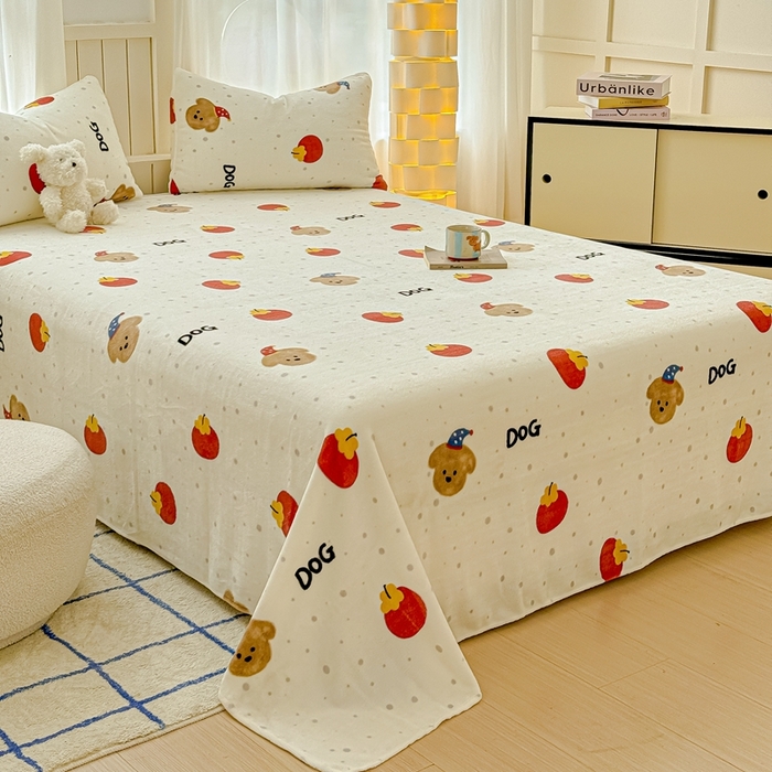 91家纺网 家纺一手货源 找家纺 金丝鸟家纺 2024新款200g牛奶绒单床单系列 西红柿小狗