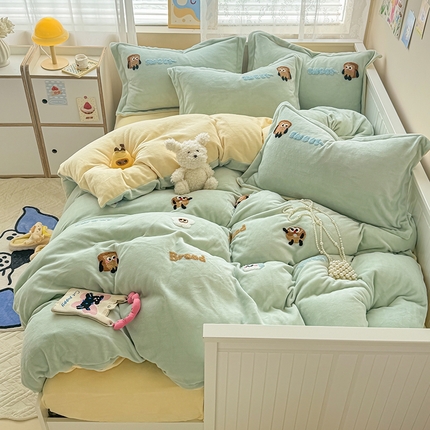 91家纺网 家纺一手货源 找家纺 （总）芯贝儿 2024新款简约小清新加厚保暖牛奶绒毛巾绣花宝宝绒雕花绒法莱绒四件套