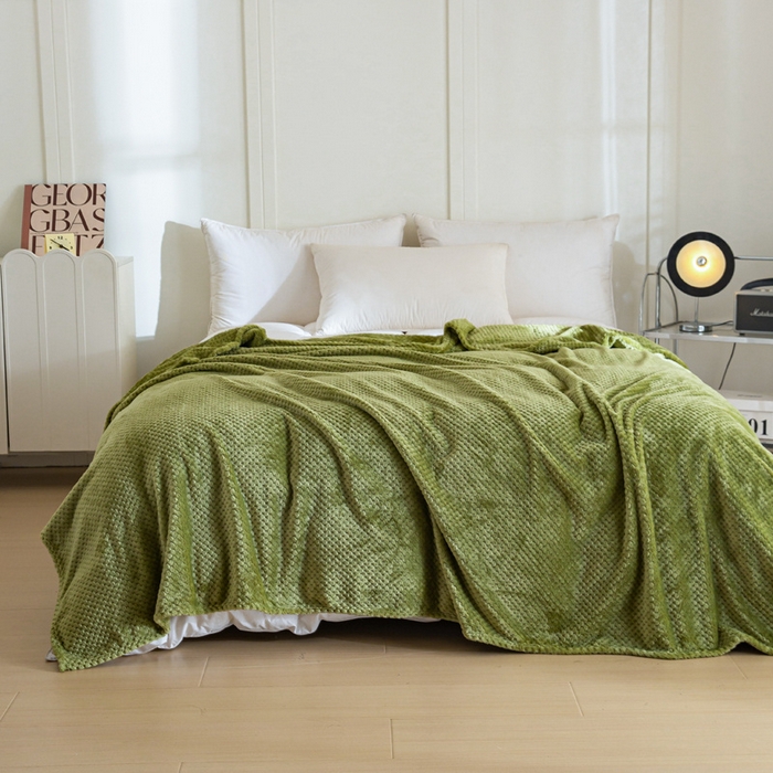 91家纺网 家纺一手货源 找家纺 卡琪曼 2024新款保暖菠萝格贝贝绒毛毯毯子 抹茶绿