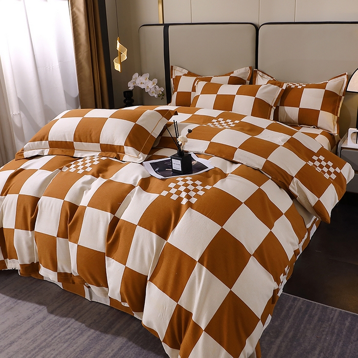 91家纺网 家纺一手货源 找家纺 贝兰仙奴 2024新款利兹系列磨毛多规格四件套棋盘格桔