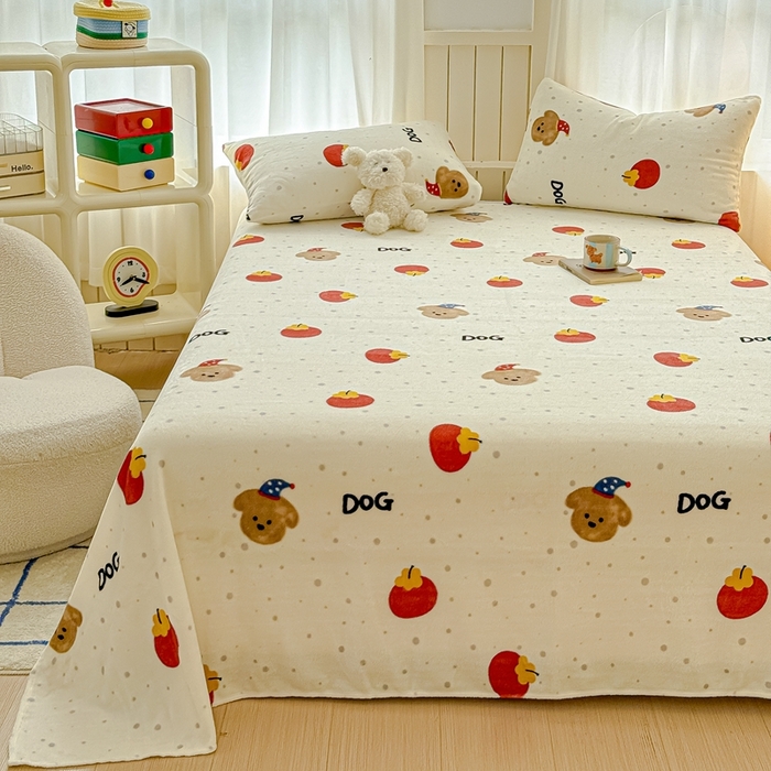 91家纺网 家纺一手货源 找家纺 金丝鸟家纺 2024新款200g牛奶绒单床单系列 西红柿小狗