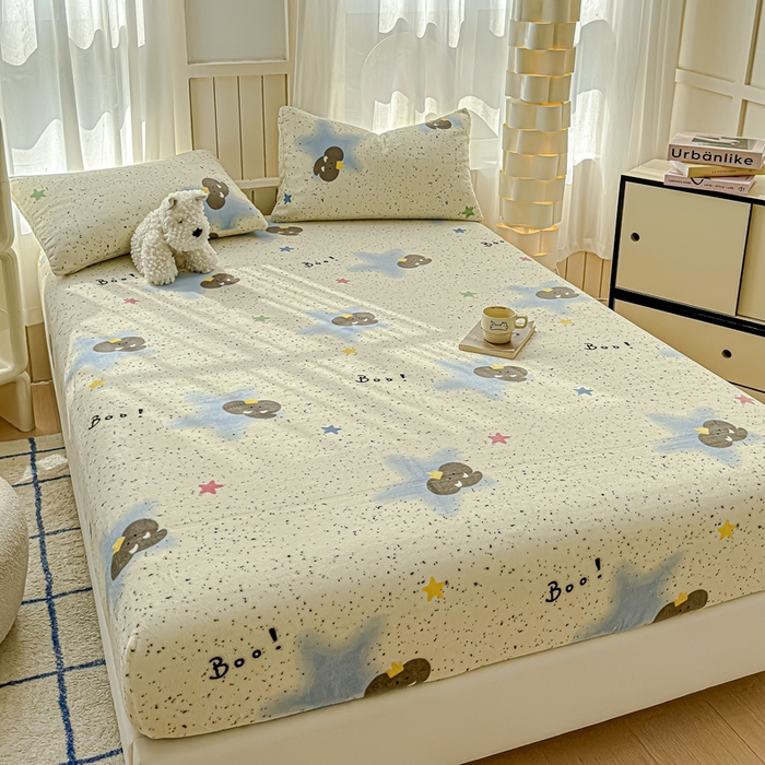 91家纺网 家纺一手货源 找家纺 金丝鸟家纺 2024新款200g牛奶绒单床笠系列 蓝色小象