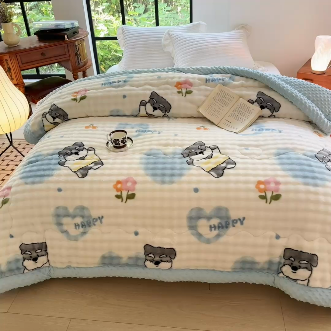 91家纺网 家纺一手货源 找家纺 优迈 2024新款兔兔绒豆豆被冬被子被芯 嗨皮狗狗