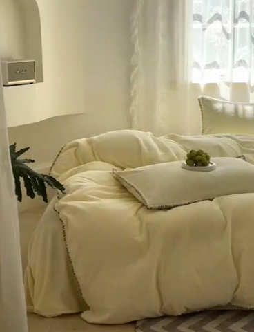 91家纺网 家纺一手货源 找家纺 洋铭区（原狠狠爱） 2024新款华夫格 绒（彩边）四件套 樱草黄