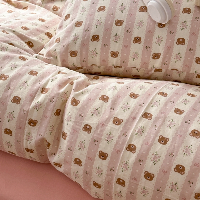 91家纺网 家纺一手货源 找家纺 洋铭区（原狠狠爱） 2024新款无边全棉双层纱四件套 小熊粉花