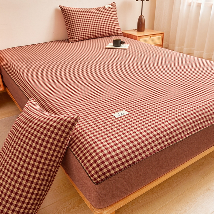 91家纺网 家纺一手货源 找家纺 笠客家纺 2024新款直播爆款色织纯棉全面水洗棉单品工艺款系列单床笠 芸素红