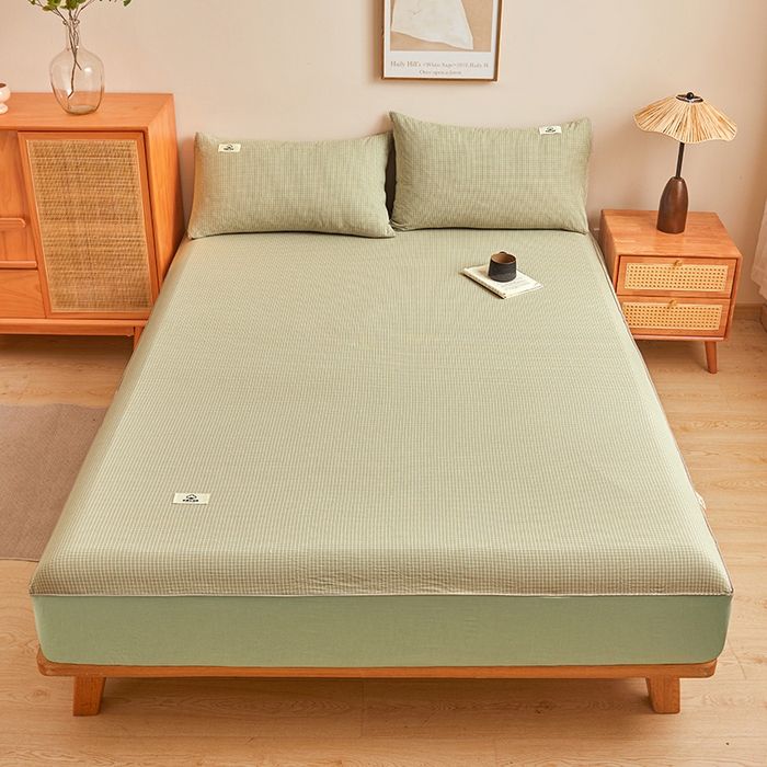 91家纺网 家纺一手货源 找家纺 笠客家纺 2024新款直播爆款色织纯棉全面水洗棉单品工艺款系列单床笠 夏末绿