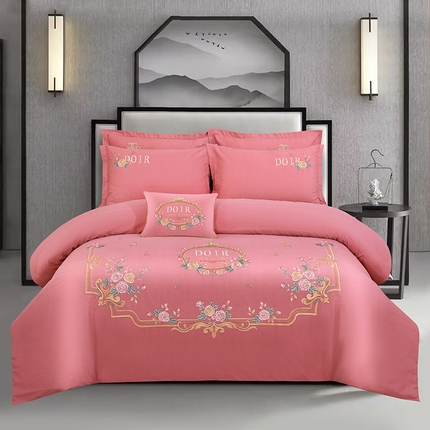 浩情国际婚庆供货中心 2026新款120支刺绣高端刺绣全棉磨毛四件套-玫瑰花园 玫瑰花园-黛雅粉