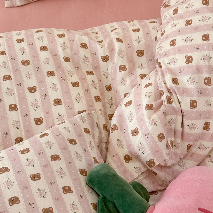 91家纺网 家纺一手货源 找家纺 洋铭区（原狠狠爱） 2024新款无边全棉双层纱四件套 小熊粉花