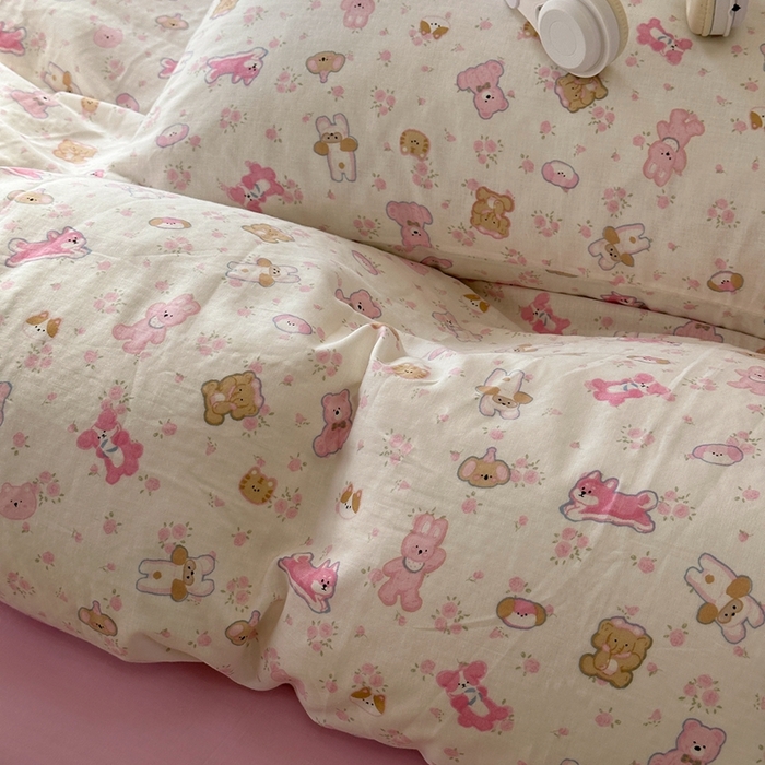 91家纺网 家纺一手货源 找家纺 洋铭区（原狠狠爱） 2024新款无边全棉双层纱四件套 花儿粉兔