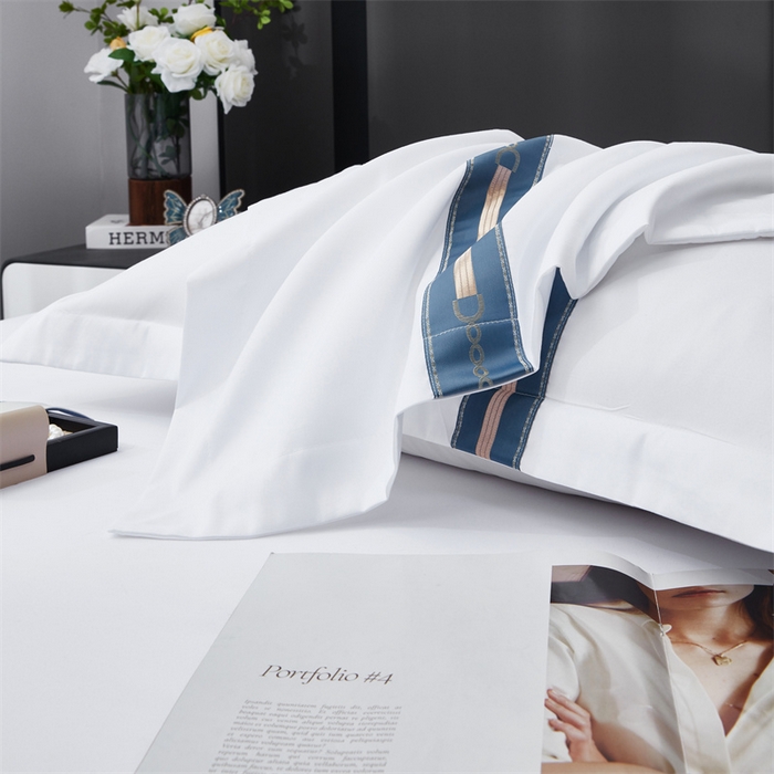 91家纺网 家纺一手货源 找家纺 罗菲尼酒店用品 2025新款织带高仿棉酒店四件套宾馆四件套 蓝晶