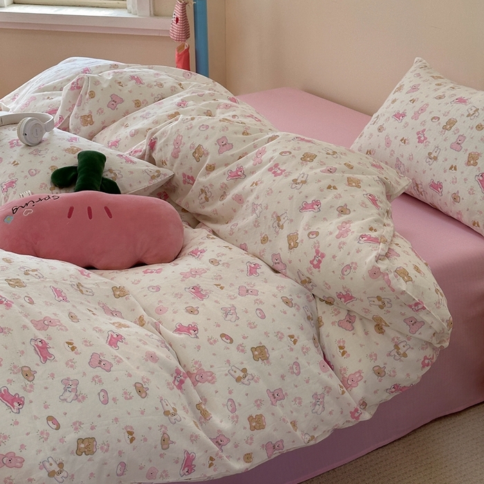 91家纺网 家纺一手货源 找家纺 洋铭区（原狠狠爱） 2024新款无边全棉双层纱四件套 花儿粉兔