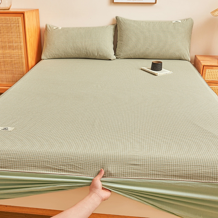 91家纺网 家纺一手货源 找家纺 笠客家纺 2024新款直播爆款色织纯棉全面水洗棉单品工艺款系列单床笠 夏末绿
