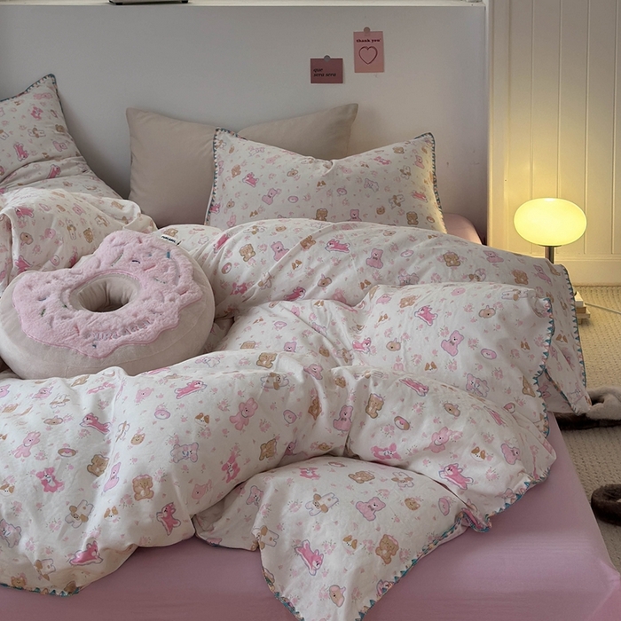 91家纺网 家纺一手货源 找家纺 洋铭区（原狠狠爱） 2024新款新花全棉双层纱四件套 幸运小粉兔