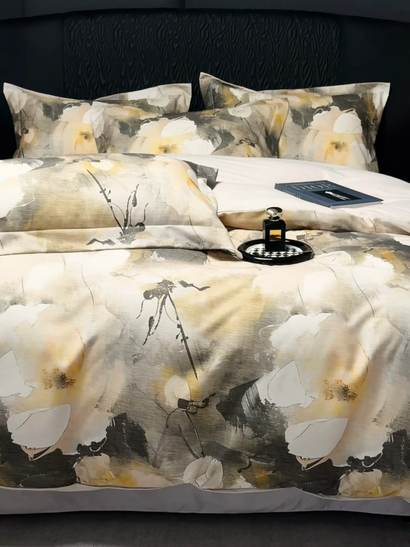 91家纺网 家纺一手货源 找家纺 宅家居 2024新款花卉亲肤棉数码印花加厚陶瓷生态磨毛四件套 羽叶