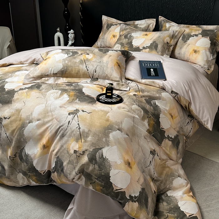 91家纺网 家纺一手货源 找家纺 宅家居 2024新款花卉亲肤棉数码印花加厚陶瓷生态磨毛四件套 羽叶