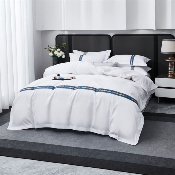 91家纺网 家纺一手货源 找家纺 罗菲尼酒店用品 2025新款织带高仿棉酒店四件套宾馆四件套 蓝晶