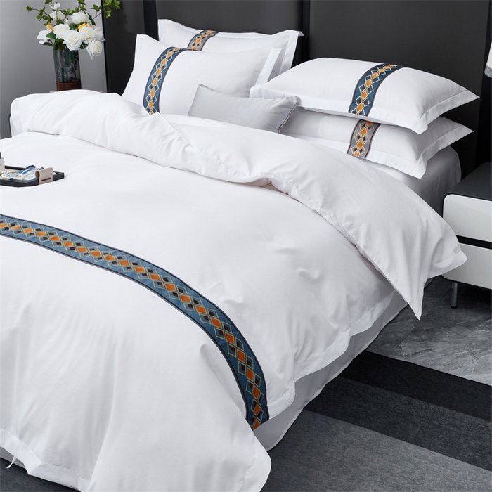 91家纺网 家纺一手货源 找家纺 罗菲尼酒店用品 2025新款织带高仿棉酒店四件套宾馆四件套 满客蓝