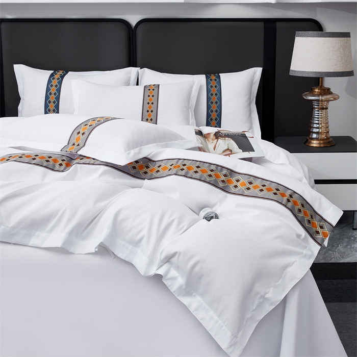 91家纺网 家纺一手货源 找家纺 罗菲尼酒店用品 2025新款织带高仿棉酒店四件套宾馆四件套 满客灰