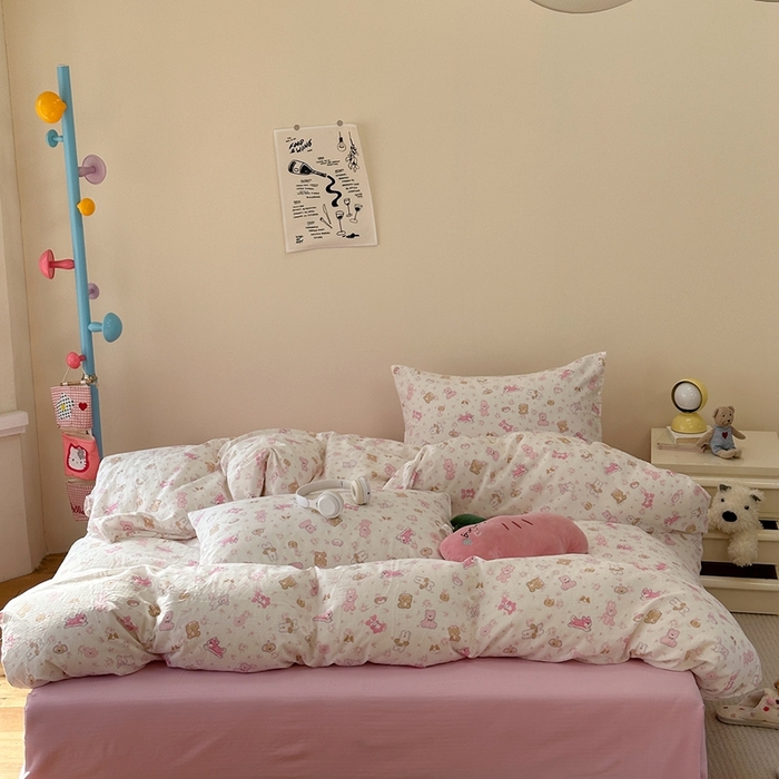 91家纺网 家纺一手货源 找家纺 洋铭区（原狠狠爱） 2024新款无边全棉双层纱四件套 花儿粉兔