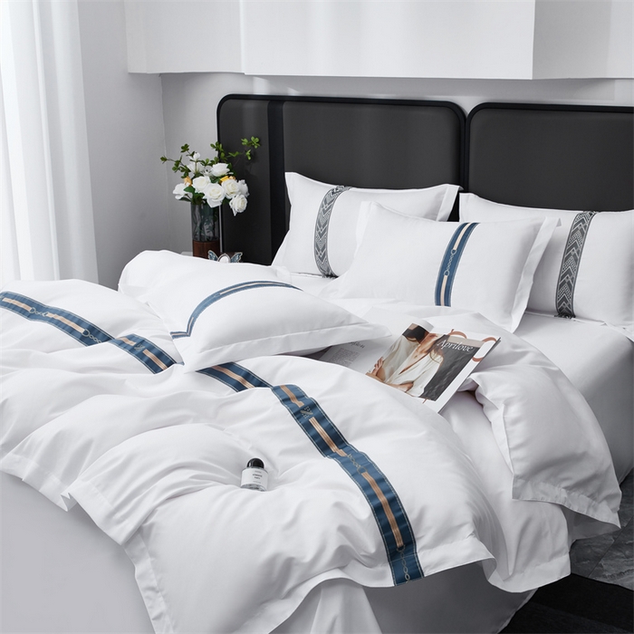 91家纺网 家纺一手货源 找家纺 罗菲尼酒店用品 2025新款织带高仿棉酒店四件套宾馆四件套 蓝晶