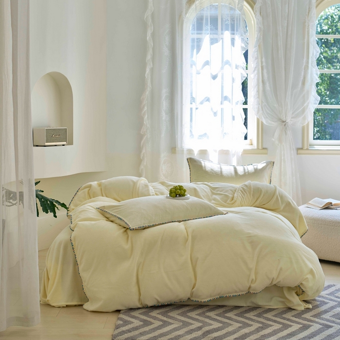 91家纺网 家纺一手货源 找家纺 洋铭区（原狠狠爱） 2024新款华夫格 绒（彩边）四件套 樱草黄