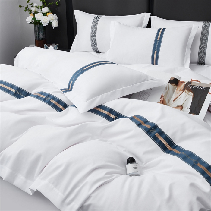 91家纺网 家纺一手货源 找家纺 罗菲尼酒店用品 2025新款织带高仿棉酒店四件套宾馆四件套 蓝晶