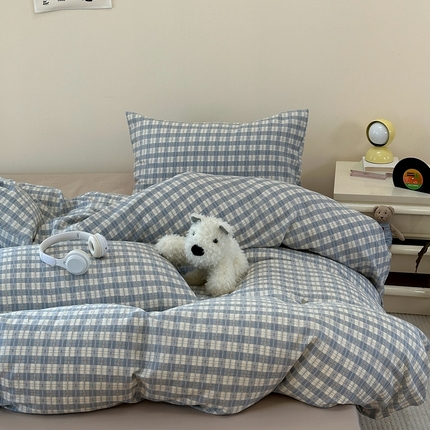 洋铭区（原狠狠爱） 2024新款无边全棉双层纱四件套 绅士蓝格