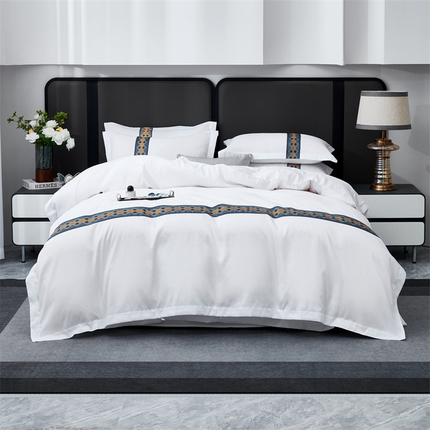 罗菲尼酒店用品 2025新款织带高仿棉酒店四件套宾馆四件套 满客蓝