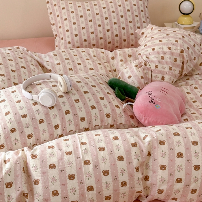 91家纺网 家纺一手货源 找家纺 洋铭区（原狠狠爱） 2024新款无边全棉双层纱四件套 小熊粉花