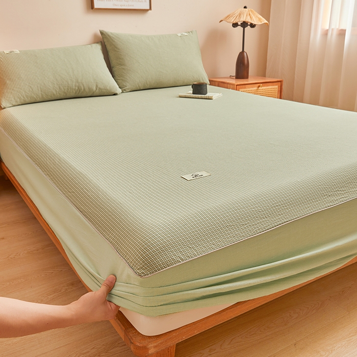 91家纺网 家纺一手货源 找家纺 笠客家纺 2024新款直播爆款色织纯棉全面水洗棉单品工艺款系列单床笠 夏末绿