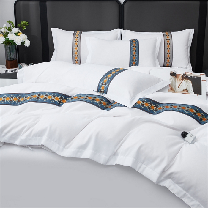 91家纺网 家纺一手货源 找家纺 罗菲尼酒店用品 2025新款织带高仿棉酒店四件套宾馆四件套 满客蓝