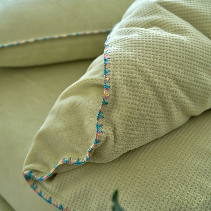 91家纺网 家纺一手货源 找家纺 洋铭区（原狠狠爱） 2024新款华夫格 绒（彩边）四件套 芦苇绿