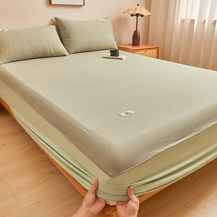 91家纺网 家纺一手货源 找家纺 笠客家纺 2024新款直播爆款色织纯棉全面水洗棉单品工艺款系列单床笠 夏末绿