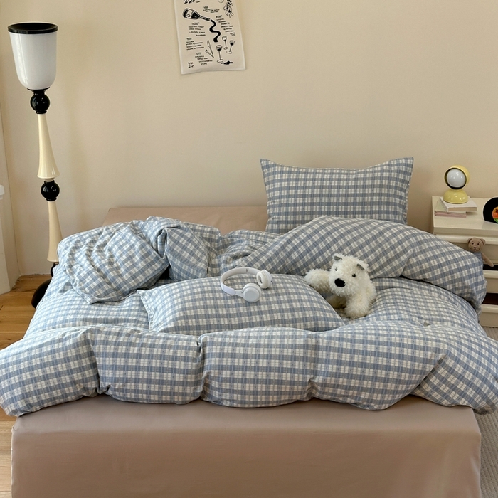 91家纺网 家纺一手货源 找家纺 洋铭区（原狠狠爱） 2024新款无边全棉双层纱四件套 绅士蓝格