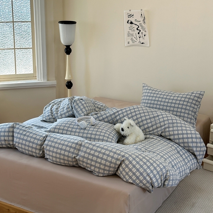 91家纺网 家纺一手货源 找家纺 洋铭区（原狠狠爱） 2024新款无边全棉双层纱四件套 绅士蓝格