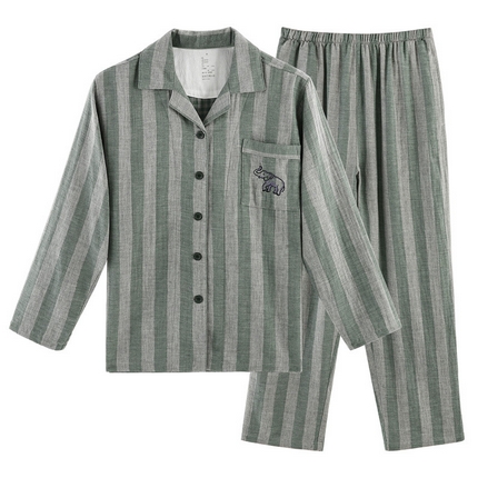 91家纺网 家纺一手货源 找家纺 （总）良品汇馆 2024【竖条纹双层纱长袖长裤】日式无印家居服良品双层纱居家服睡衣全棉男款女款舒适竖条纹套装