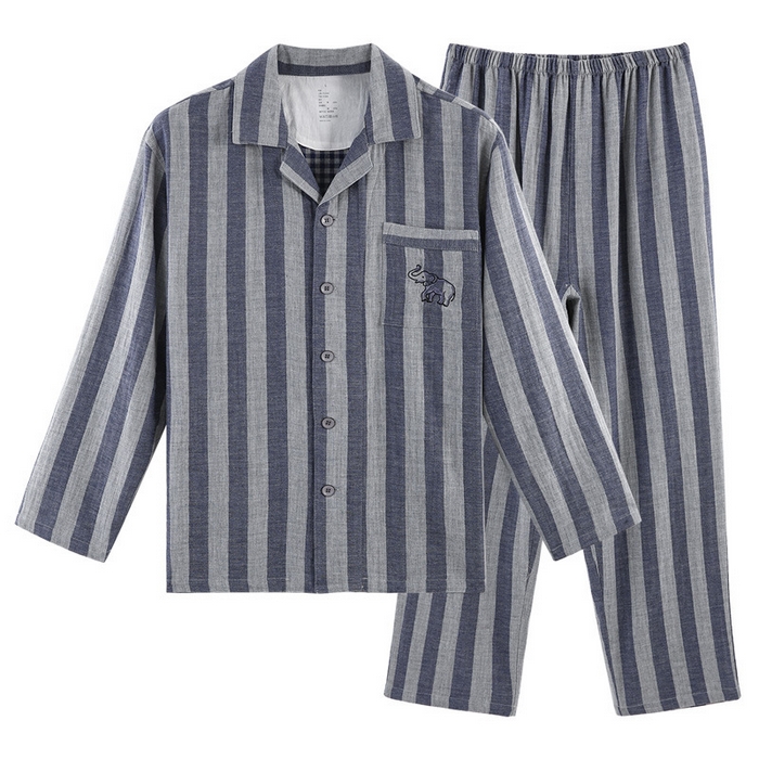 91家纺网 家纺一手货源 找家纺 （总）良品汇馆 2024【竖条纹双层纱长袖长裤】日式无印家居服良品双层纱居家服睡衣全棉男款女款舒适竖条纹套装