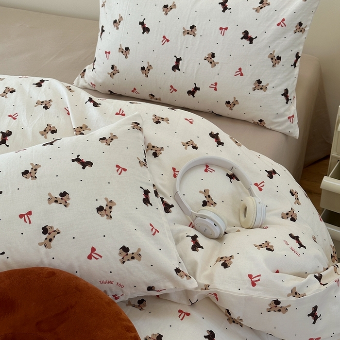 91家纺网 家纺一手货源 找家纺 洋铭区（原狠狠爱） 2024新款无边全棉双层纱四件套 蝴蝶小咖狗